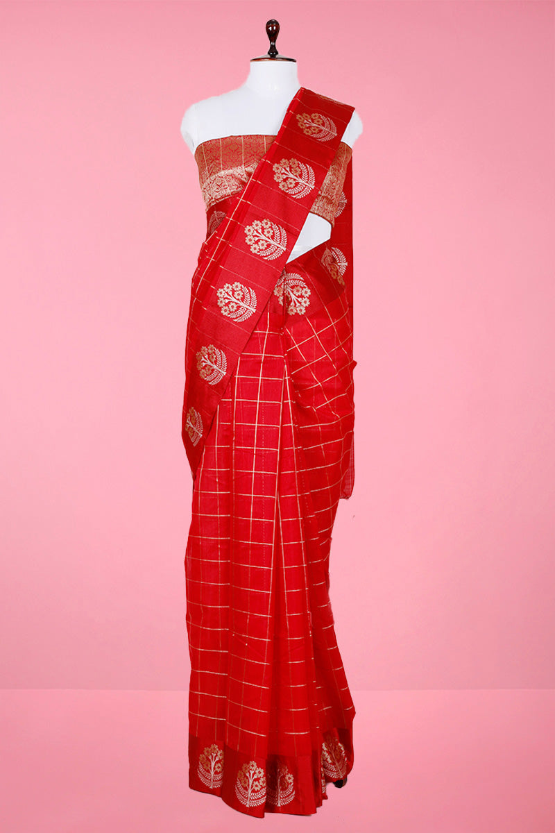 Red Checked Banarasi Cotton Saree By Chinaya Banaras