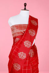 Blood Red Checked Banarasi Cotton Saree - Chinaya Banaras