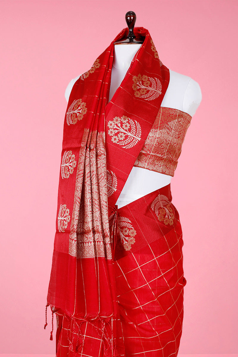 Blood Red Checked Banarasi Cotton Saree - Chinaya Banaras