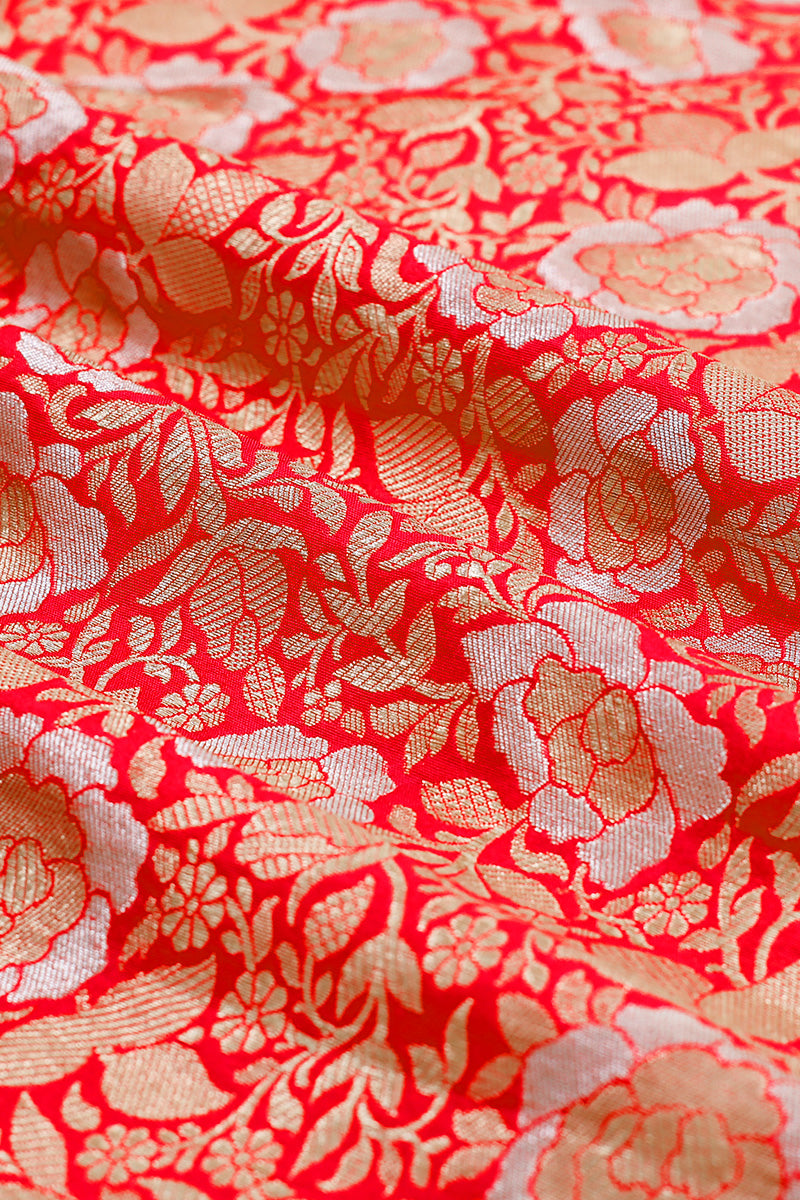 Red Floral Woven Banarasi Silk Fabric By Chinaya Banaras