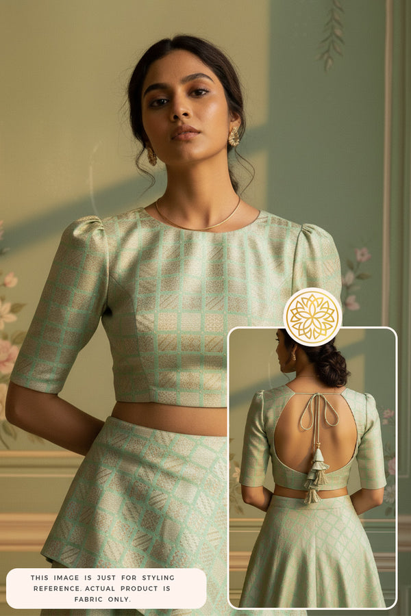 Woman wearing a light green outfit made of Banarasi Silk with a detailed blouse, standing against a neutral background.