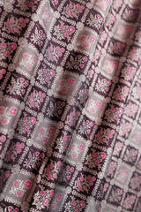 Wine & Grey Checkered Handwoven Satin Silk Fabric - Chinaya Banaras