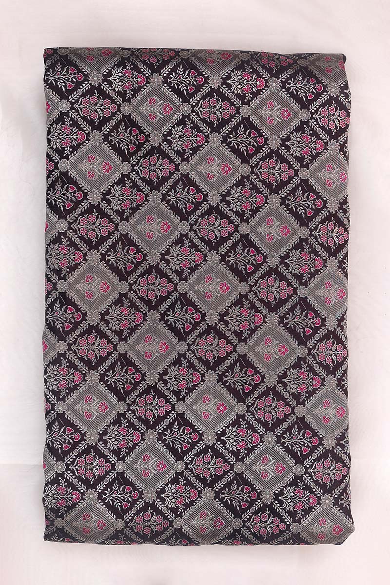 Wine & Grey Checkered Handwoven Satin Silk Fabric - Chinaya Banaras