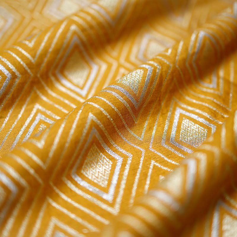 Gold Yellow Geometrical Woven Mulberry Silk Fabric At Chinaya Banaras