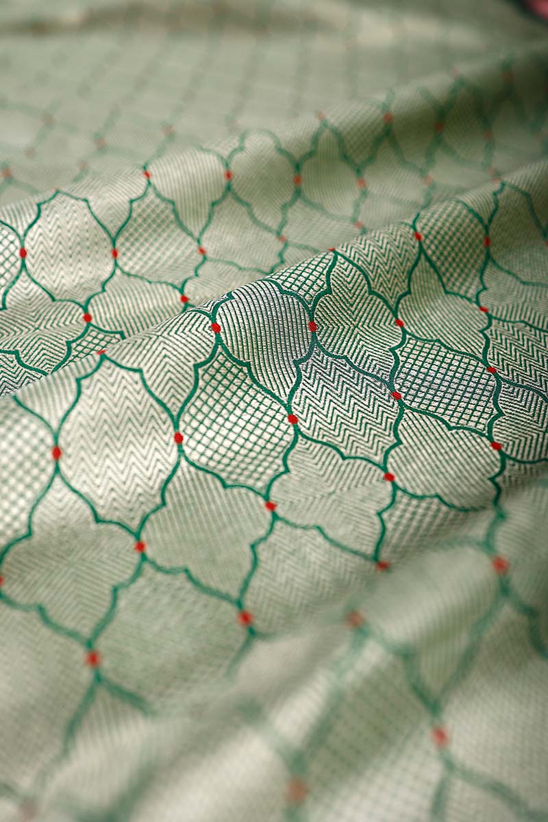 Green Geometrical Woven Banarasi Silk Fabric - Chinaya Banaras