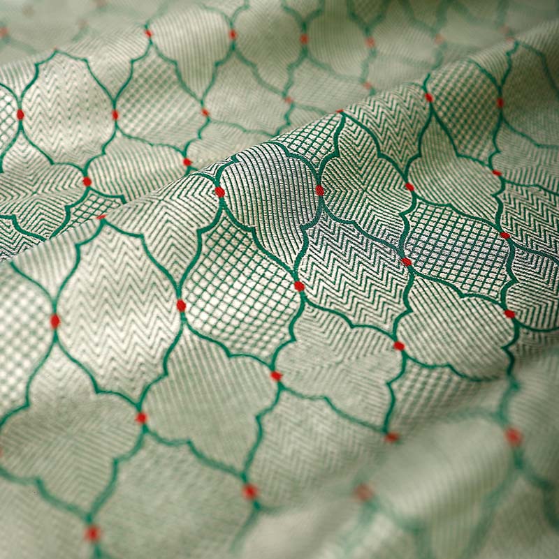 Green Geometrical Woven Banarasi Silk Fabric for Party/Festive/Wedding Wear