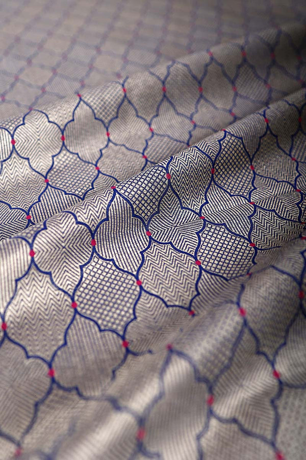 Navy Blue Geometrical Woven Banarasi Silk Fabric - Chinaya Banaras