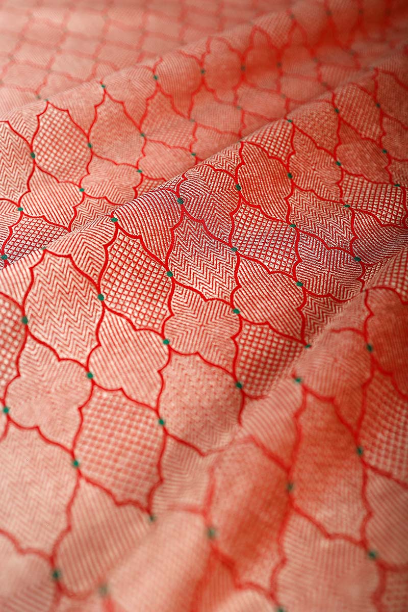 Red Geometrical Woven Banarasi Silk Fabric - Chinaya Banaras