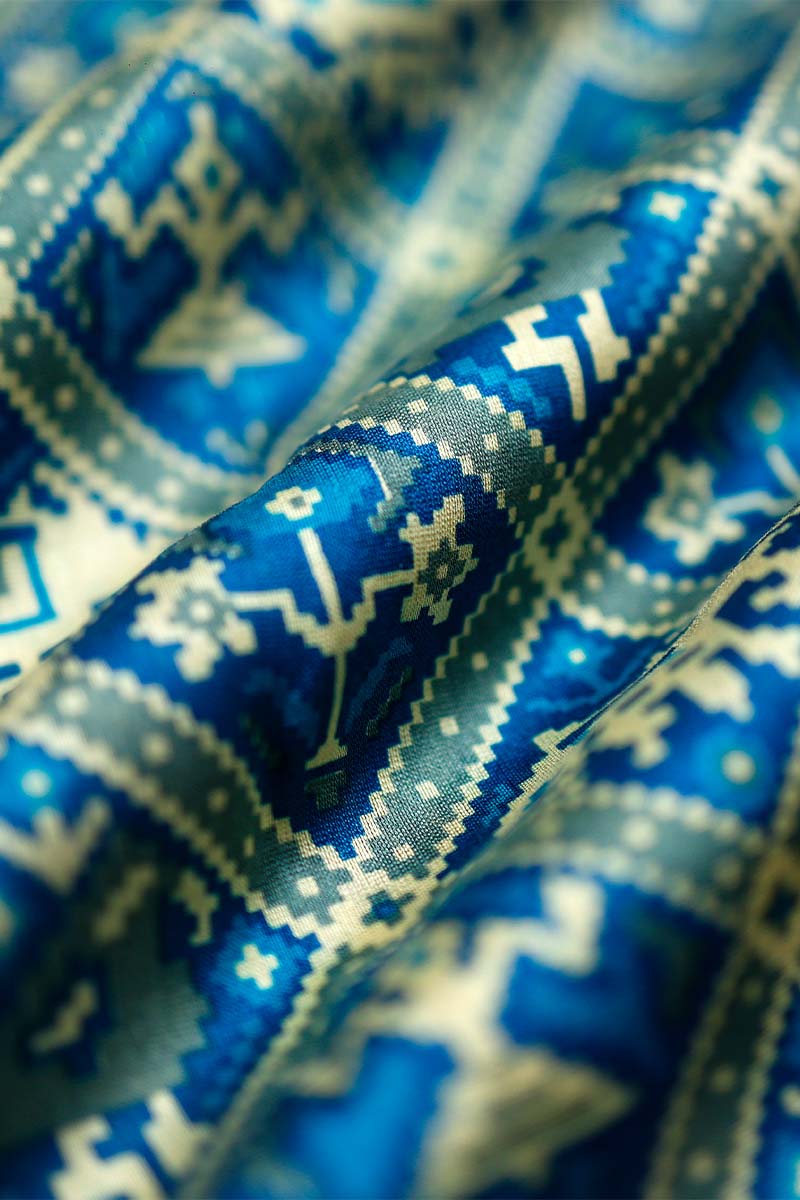 Sky Blue Patola Printed Chanderi Silk Fabric - Chinaya Banaras