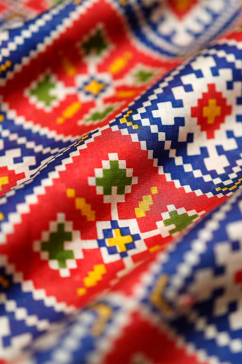 Royal Blue & Red Patola Printed Chanderi Silk Fabric - Chinaya Banaras