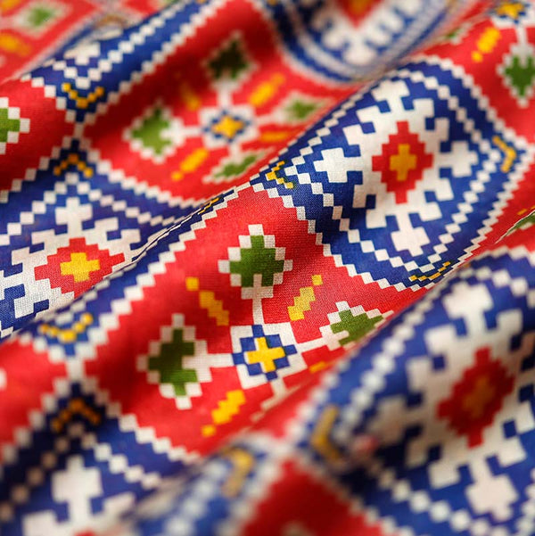 Royal Blue & Red Patola Printed Chanderi Silk Fabric
