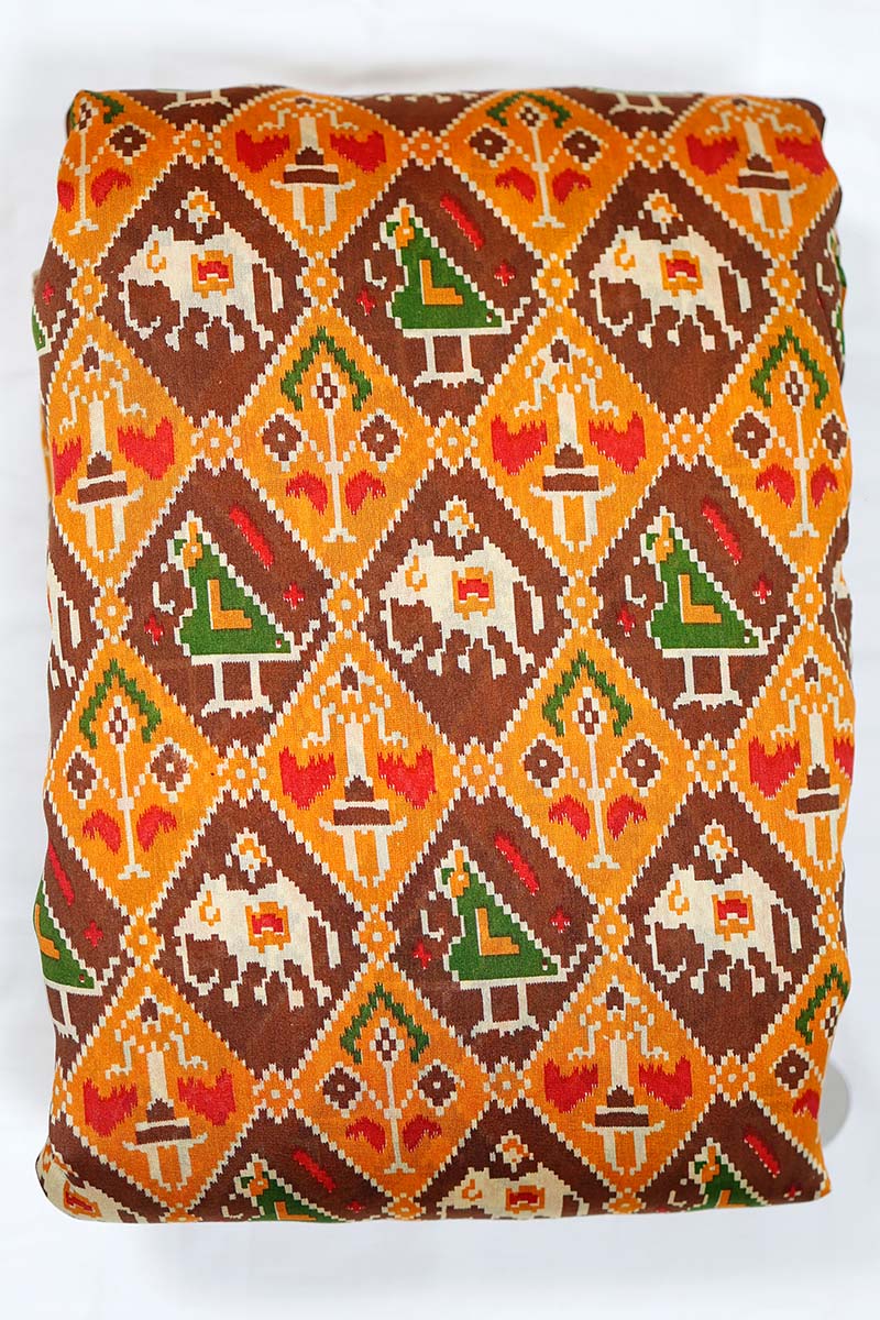 Yellow & Brown Patola Printed Chanderi Silk Fabric - Chinaya Banaras