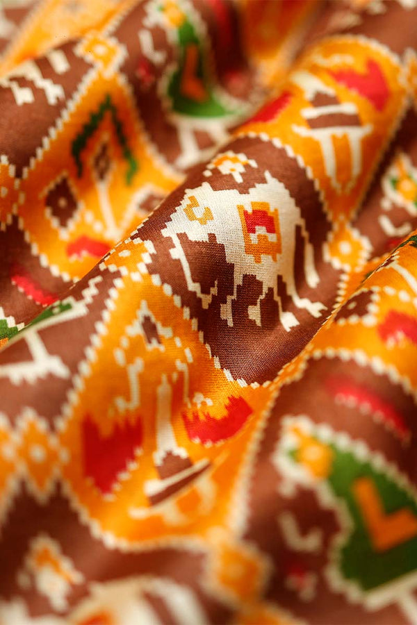 Yellow & Brown Patola Printed Chanderi Silk Fabric - Chinaya Banaras