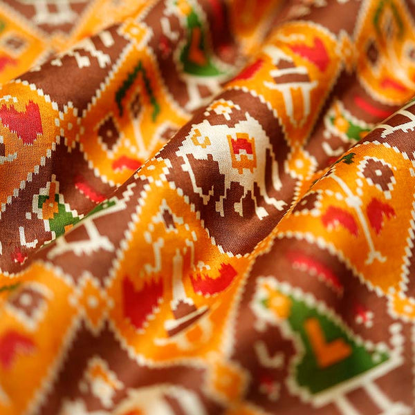 Yellow & Brown Patola Printed Chanderi Silk Fabric At Chinaya Banaras