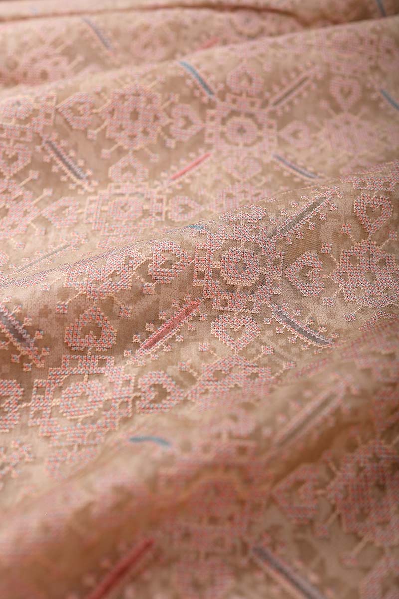 Pastel Peach Patola Embroidered Organza Silk Fabric - Chinaya Banaras