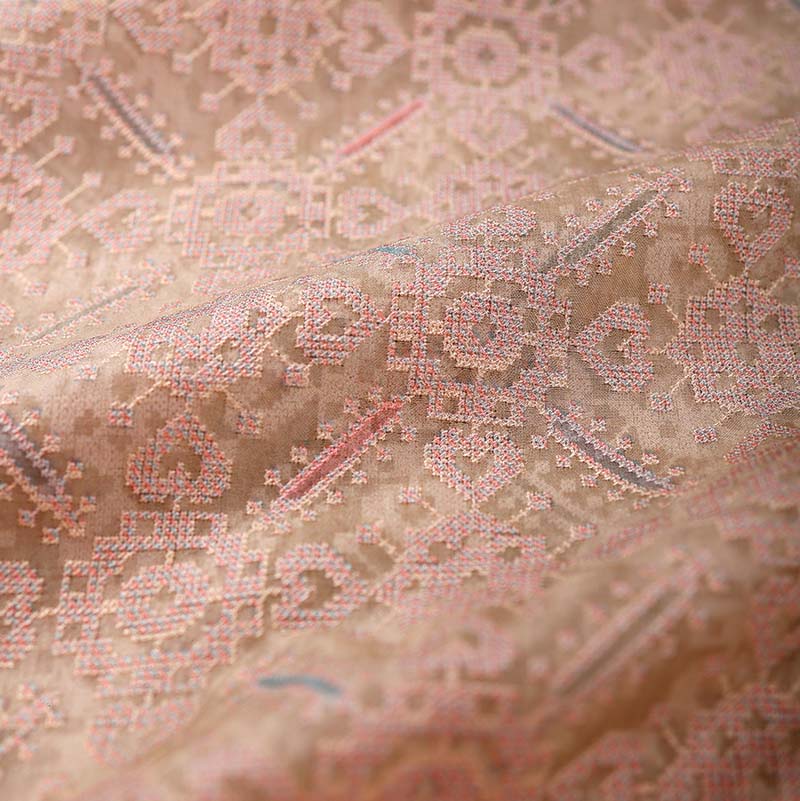 Pastel Peach Patola  Embroidered Organza Silk Fabric At Chinaya Banaras