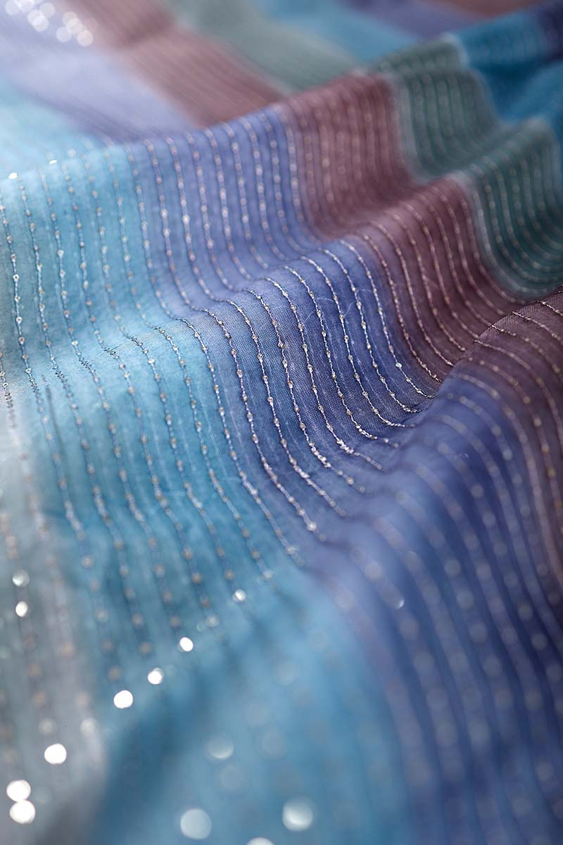 Multicolor Sequinned Organza Silk Fabric - Chinaya Banaras