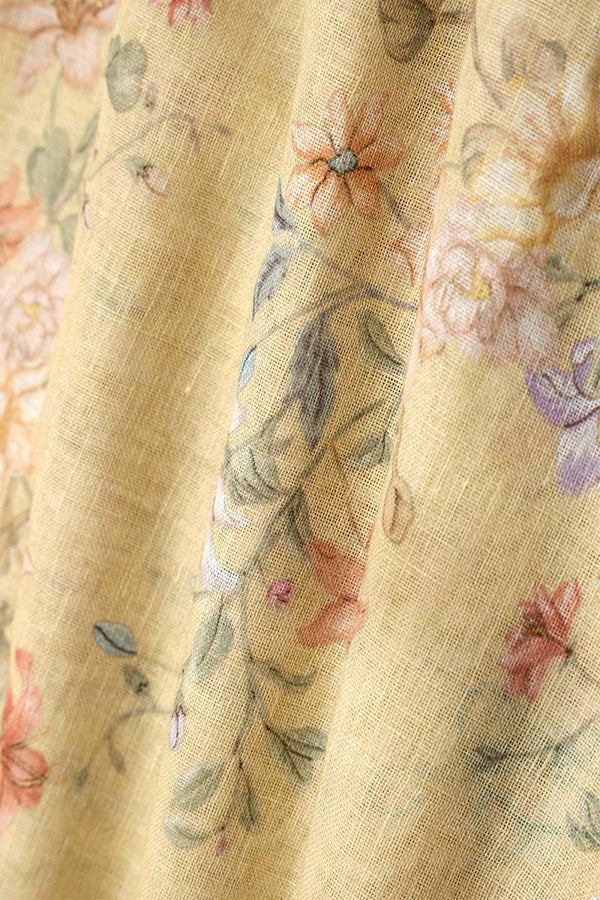 Mustard Yellow Floral Printed Linen Fabric