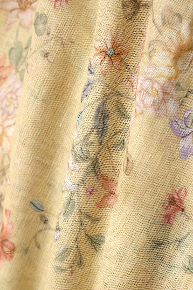 Yellow Floral Printed Linen Fabric By Chinaya Banaras