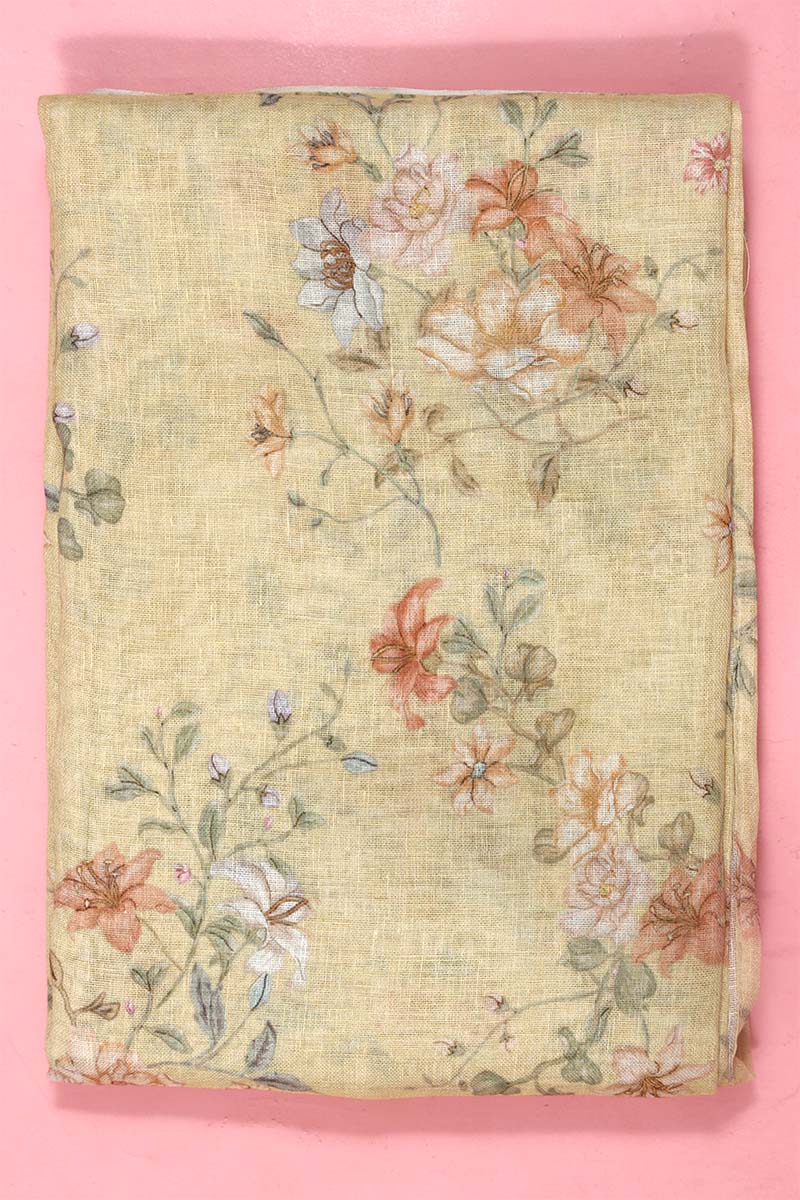 Mustard Yellow Floral Printed Linen Fabric