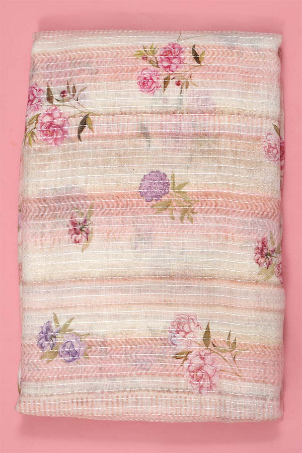 Light Peach Floral Printed Linen Fabric