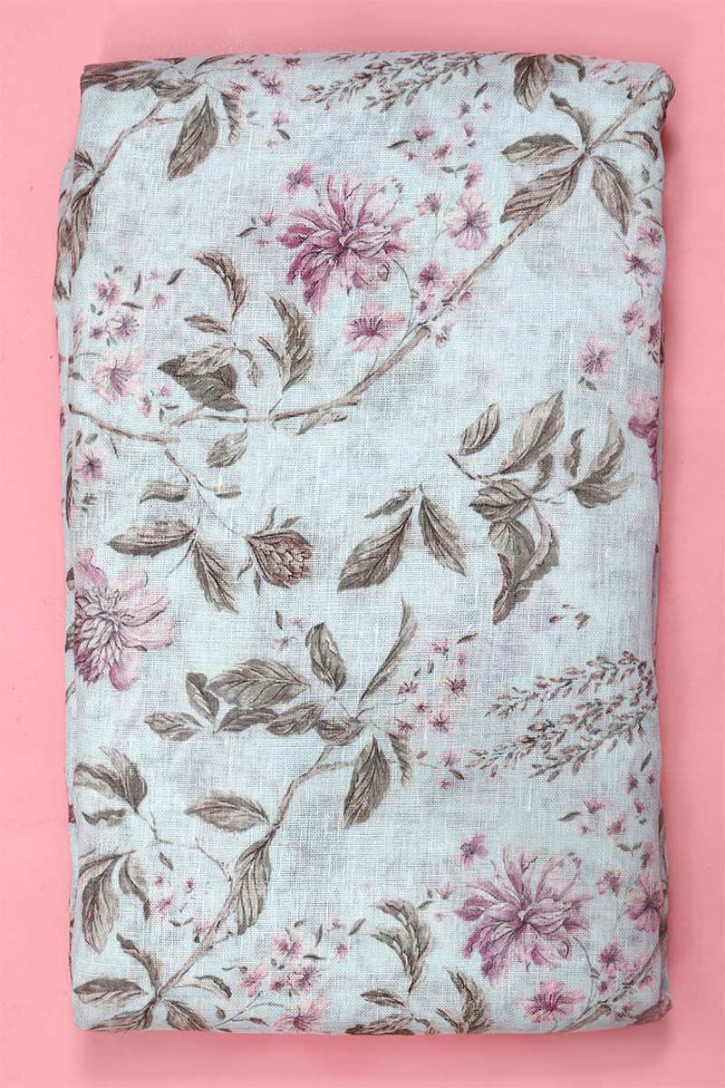 Sky Blue Floral Printed Linen Fabric