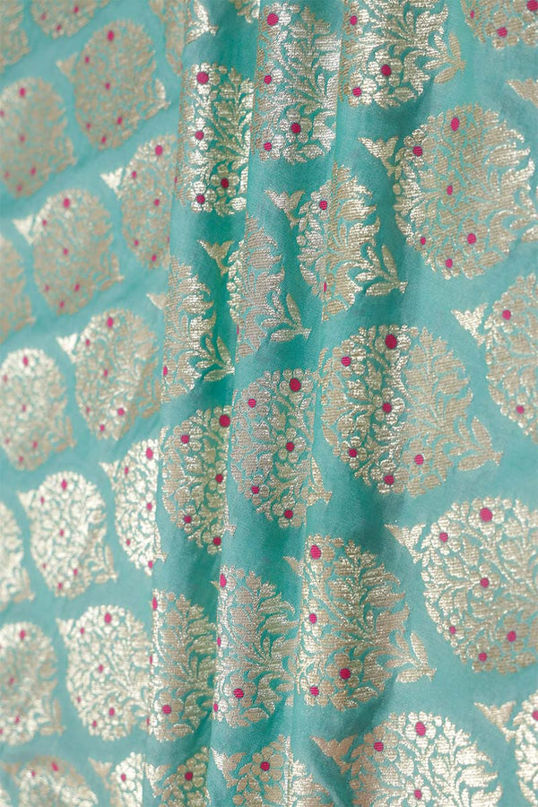 Turquoise  Blue Woven Banarasi Silk Fabric