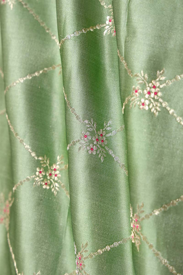 Green Handloom Satin Silk Fabric By Chinaya Banaras