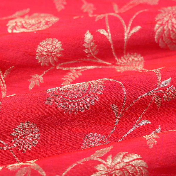 Pink Floral Handloom Raw Silk Fabric By Chinaya Banaras