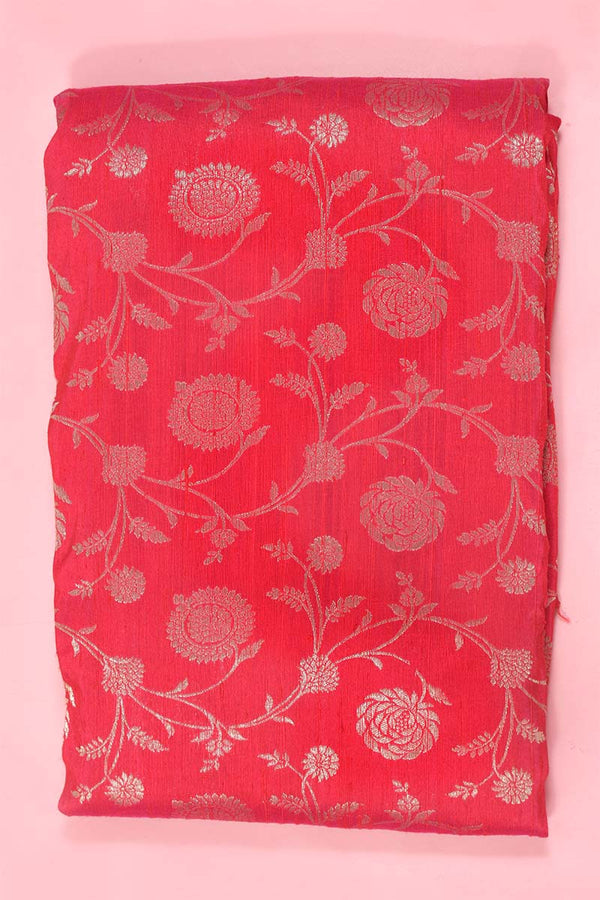 Crimson Pink Floral Handloom Raw Silk Fabric