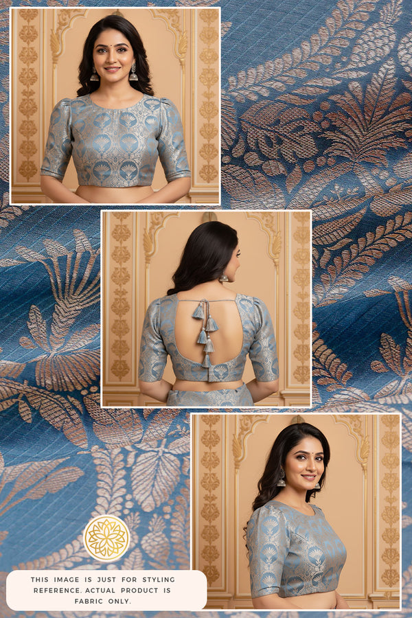 Woman wearing a blue blouse like Aishwarya Rai saree design with intricate patterns on a matching fabric background