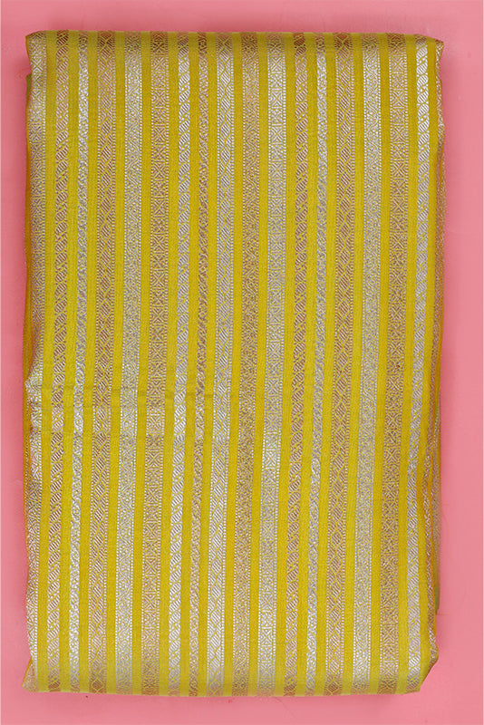 Lime Yellow Banarasi Silk Fabric with Golden Zari Stripes