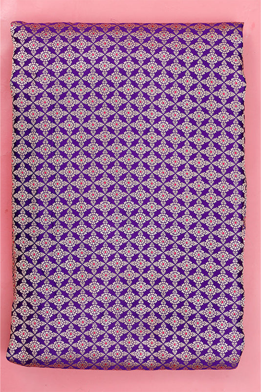 Purple Blue Banarasi Satin Silk Fabric with Meenakari Work