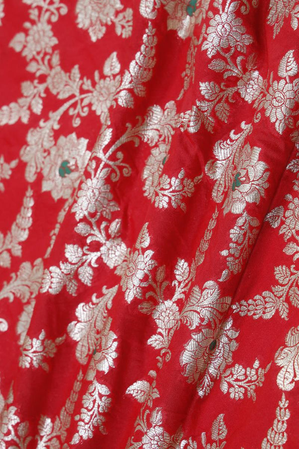 Red Banarasi Silk Fabric with Floral Meenakari Work