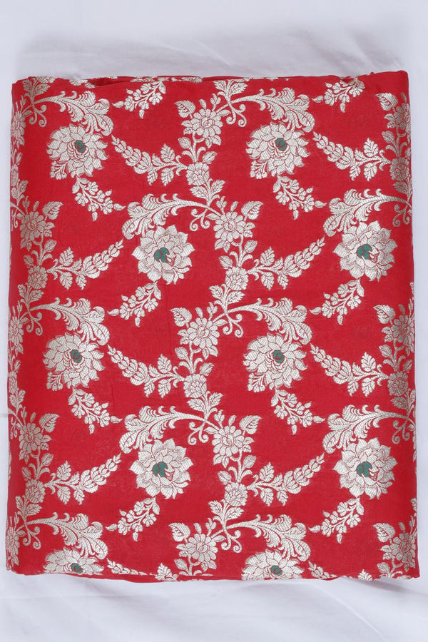 Red Banarasi Silk Fabric with Floral Meenakari Work