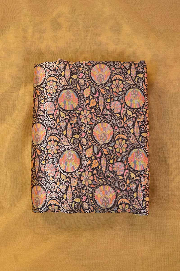 Navy Blue  Banarasi Chiniya Silk Fabric with Floral Meenakari Work