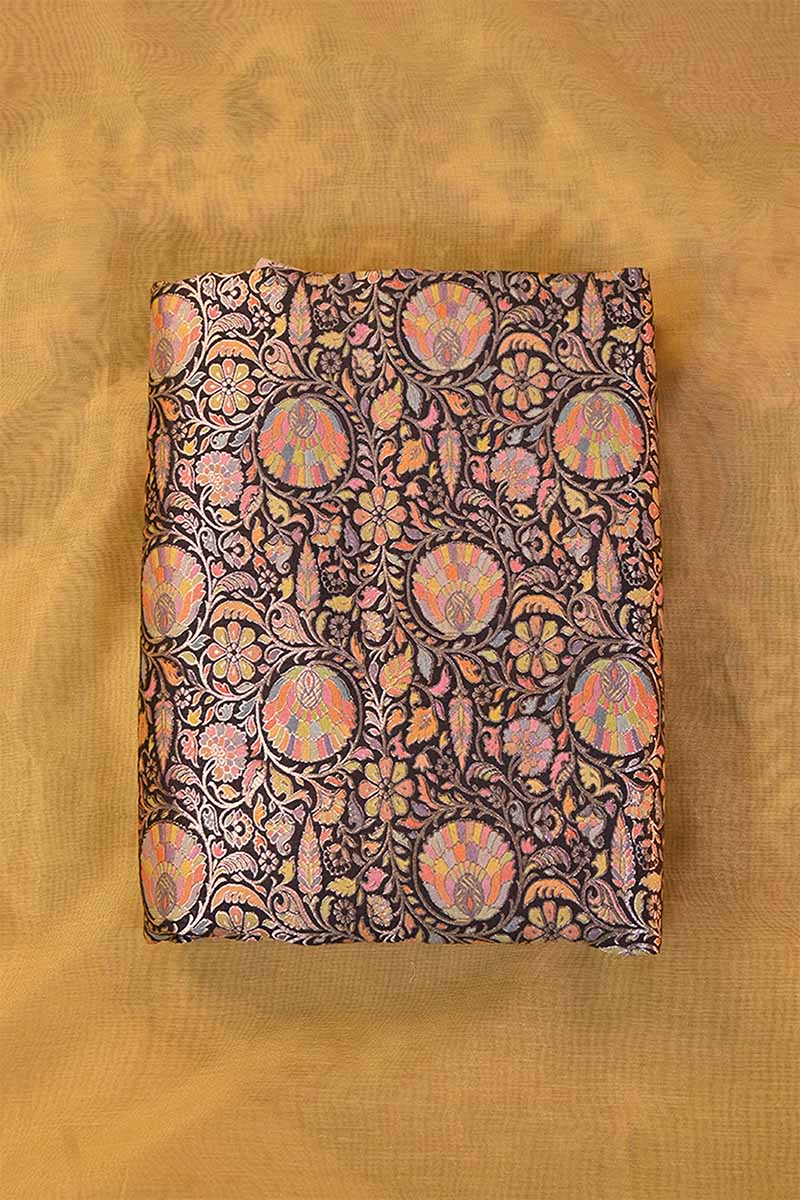 Navy Blue  Banarasi Chiniya Silk Fabric with Floral Meenakari Work