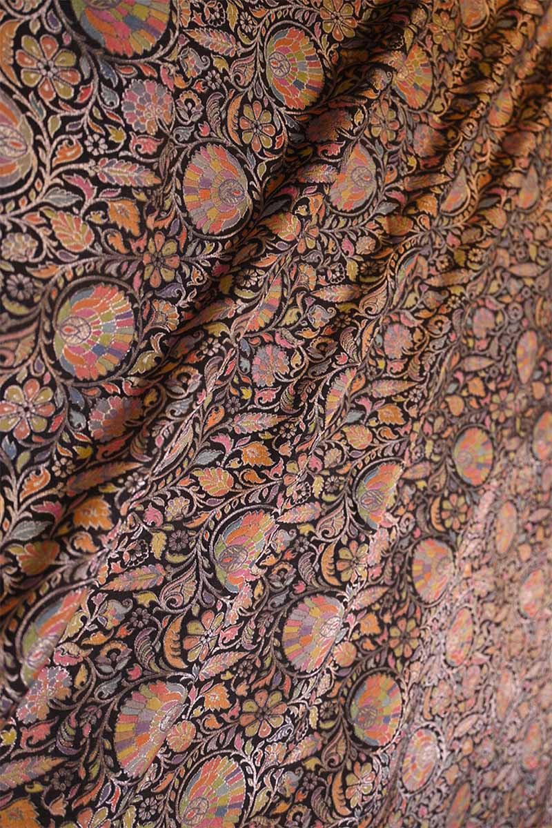 Navy Blue  Banarasi Chiniya Silk Fabric with Floral Meenakari Work
