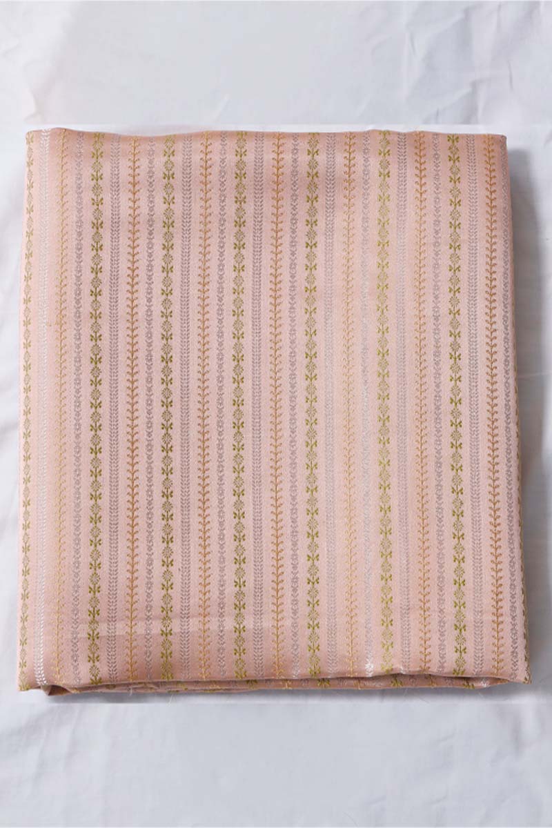 Peach Banarasi Satin Silk Fabric with Geometrical Stripes