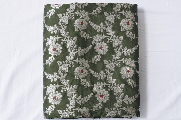 Green Banarasi Silk Fabric with Floral Meenakari Work