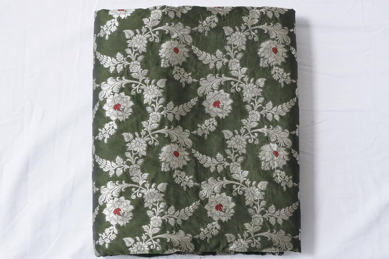 Green Banarasi Silk Fabric with Floral Meenakari Work