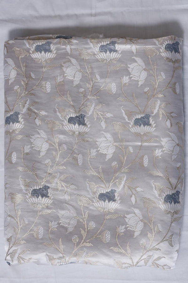 Moon White Banarasi Satin Silk Fabric in Pichwai Floral Pattern
