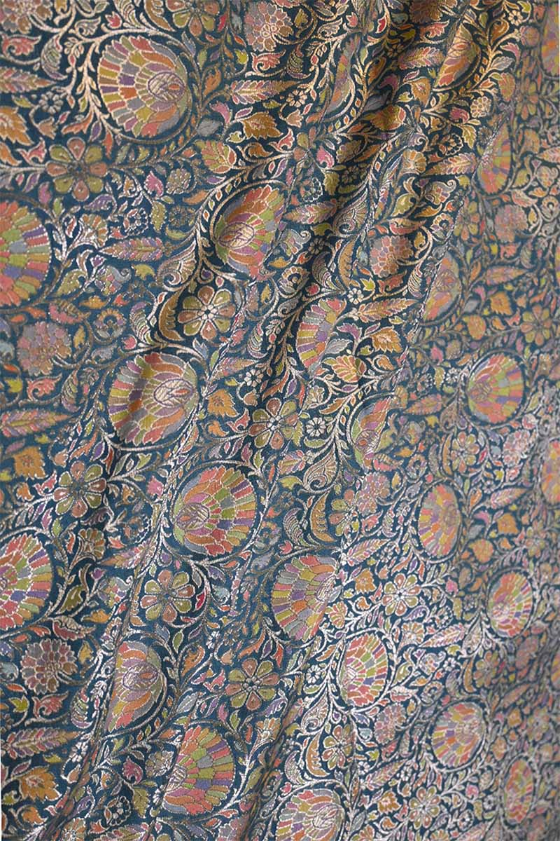 Cobalt Blue Banarasi Chiniya Silk Fabric with Floral Meenakari Work