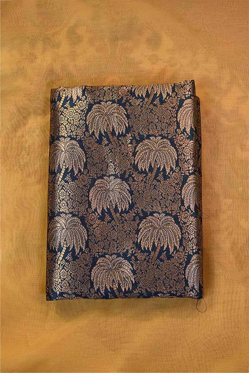 Blue Banarasi Silk Fabric with Floral Jaal Palm Tree Motifs