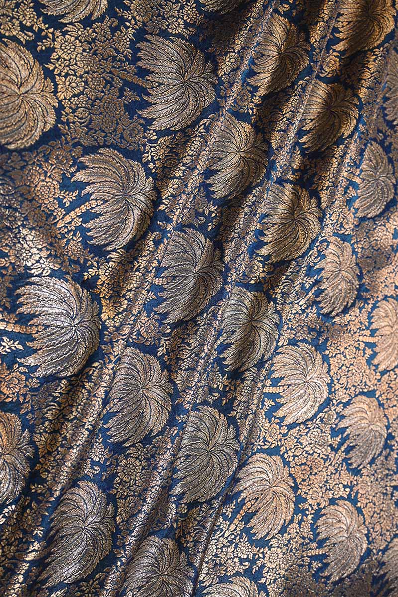 Blue Banarasi Silk Fabric with Floral Jaal Palm Tree Motifs
