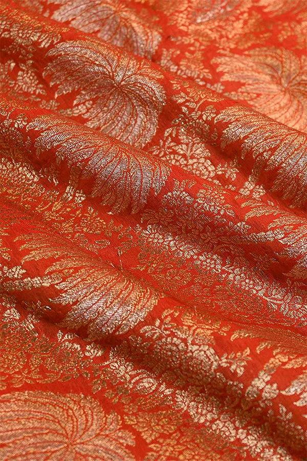 Orange  Banarasi Silk Fabric with Floral Jaal Palm Tree Motifs