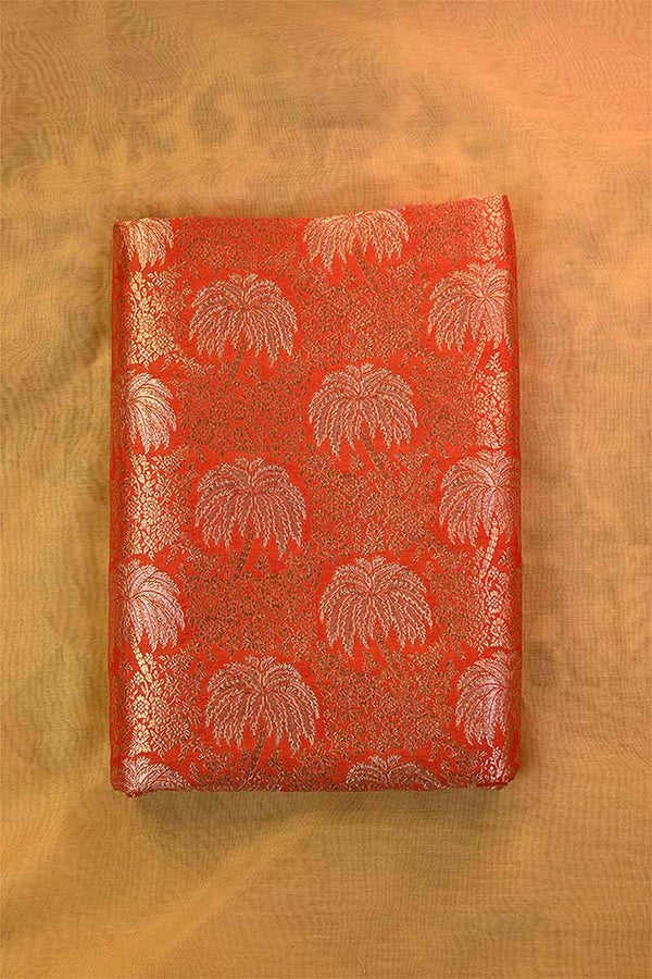 Orange  Banarasi Silk Fabric with Floral Jaal Palm Tree Motifs