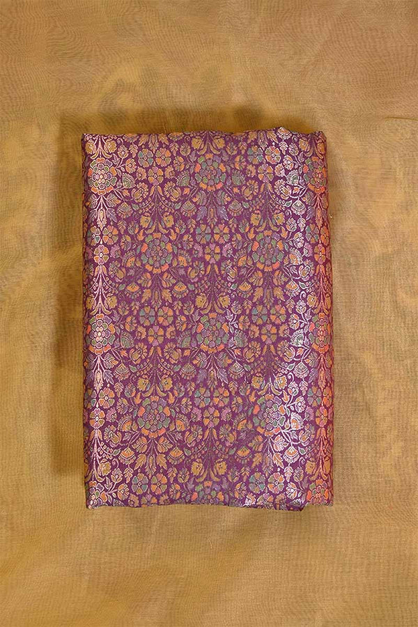 Purple Banarasi Chiniya Silk Fabric with Multicolor Floral Meenakari Work