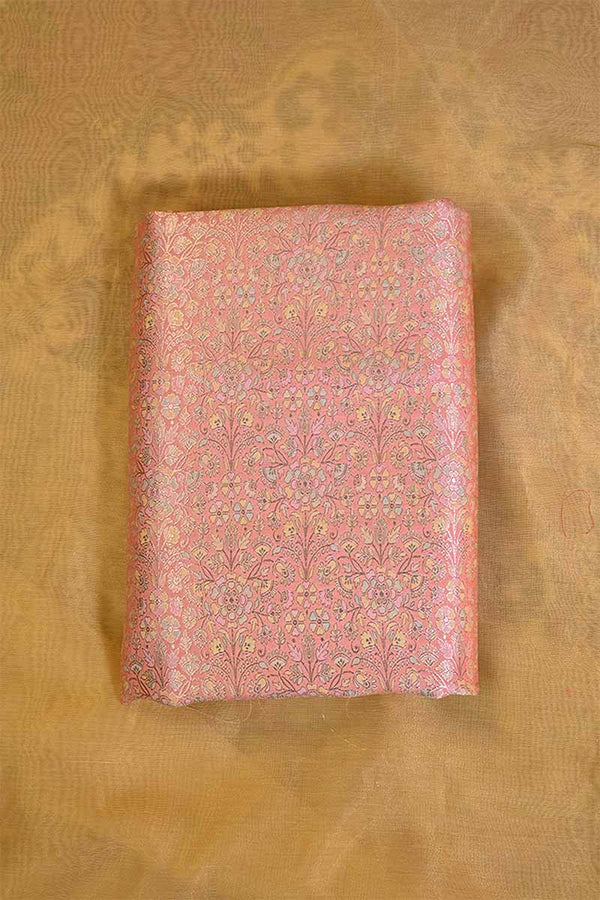 Peach Banarasi Chiniya Silk Fabric with Multicolor Floral Meenakari Work