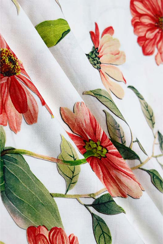 White Cotton Fabric with Multicolored Digital Floral Prints
